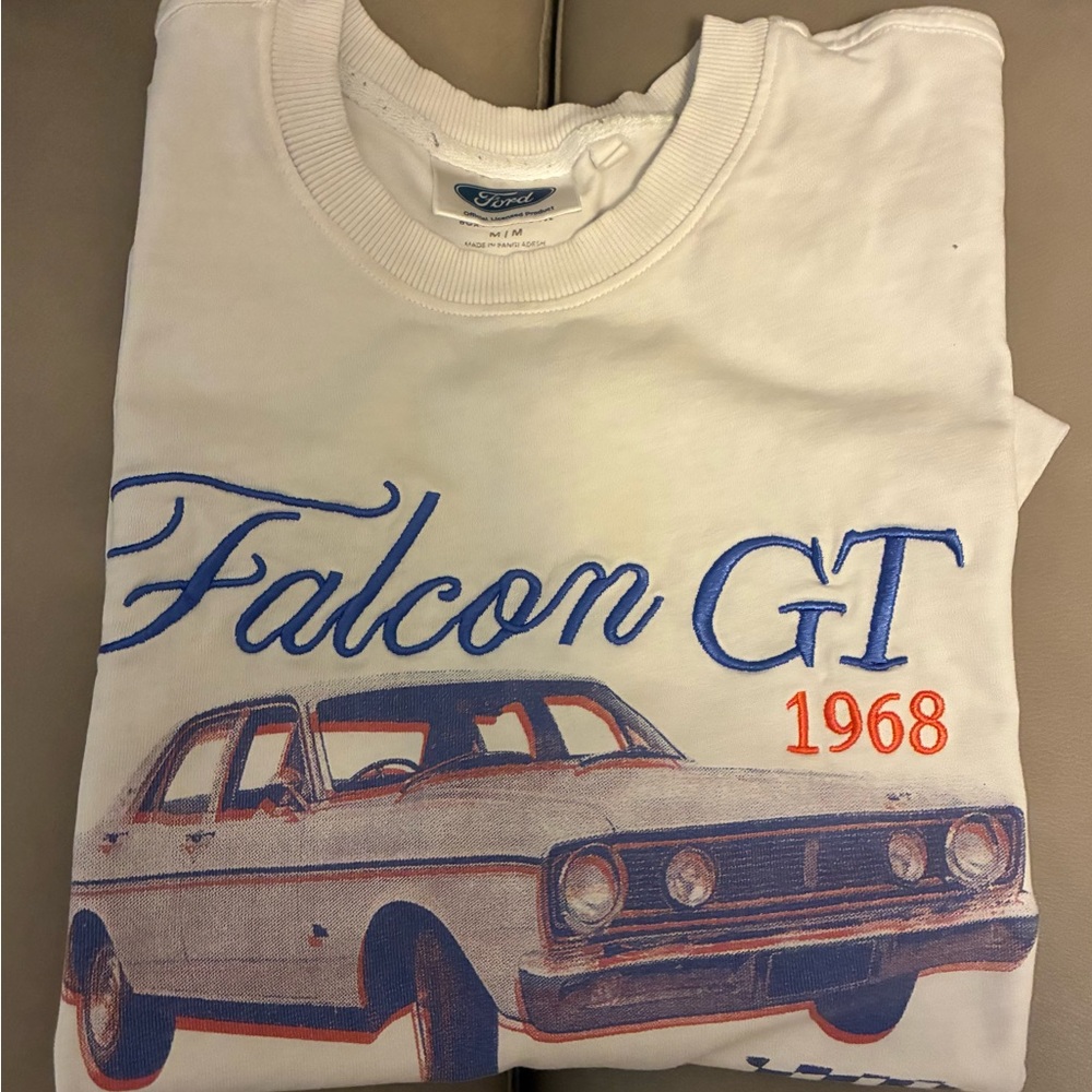 Ford White Crewneck with Blue Falcon GT Script and Red 1968 Accent